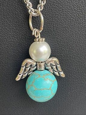 Silver Angel Pendant Necklace with Turquoise Colored and Pearl Accent 14” drop